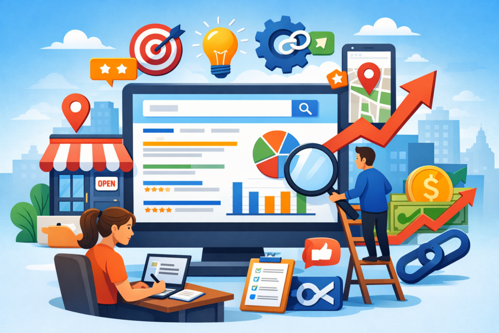 Small business owner analyzing data for SEO for small businesses